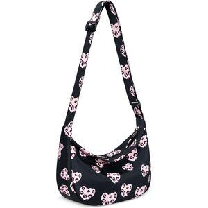 Small Sling Crossbody Black-heart Bag Women Men Mini Crescent Nylon Bag Zippers